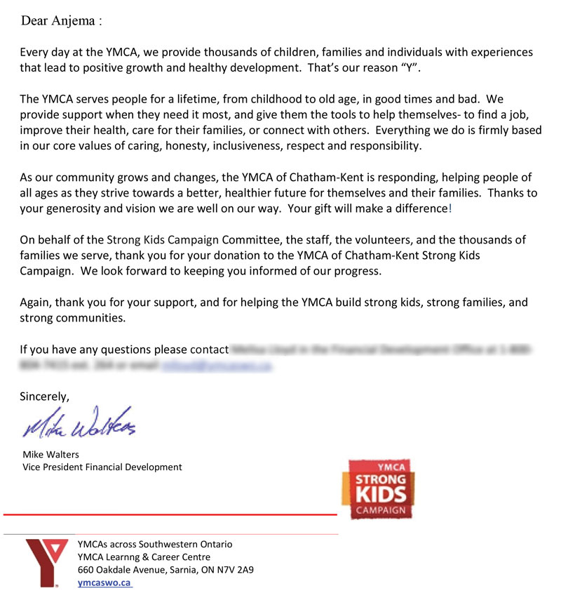 Anjema YMCA letter